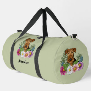 Airedale Terrier Met Kleurrijke Bloemen En Naam Plunjezak