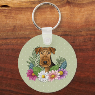 Airedale Terrier Met Kleurrijke Bloemen En Naam Sleutelhanger