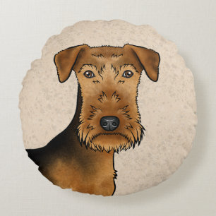 Airedale Terrier Schattige Cartoon Hondenhoofd op Rond Kussen