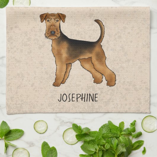 Airedale Terrier Schattigee Cartoon Dog en Naam Be Theedoek (Gevouwen)