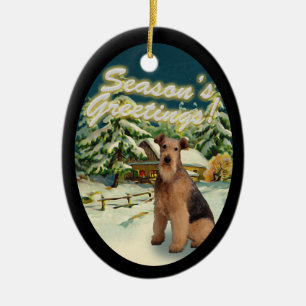 Airedale Terrier Sneeuwcabine Kerstversiering Keramisch Ornament