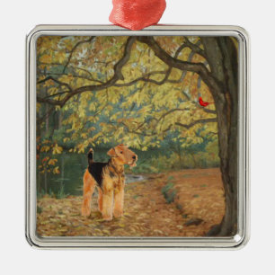 Airedale Terrier Vogels Kijken Metalen Ornament