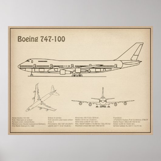 Airliner 747 - Vliegtuig Blauwdruk Tekenplannen SD Poster (Voorkant)