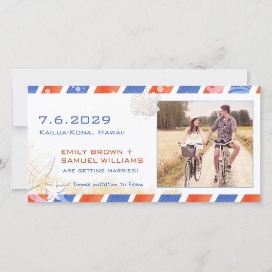 Airmail Beach Wedding Enregistrer la date Carte ph (Devant)