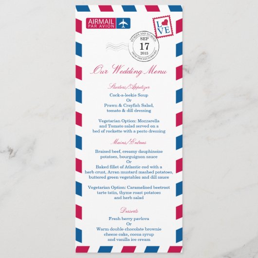 Airmail Red Blue Stripes Wedding Menu (Voorkant)