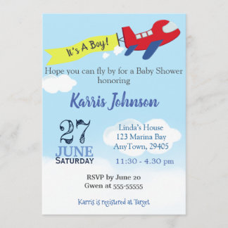 Airplane Baby Boy Shower Invitation Sky Blue Kaart