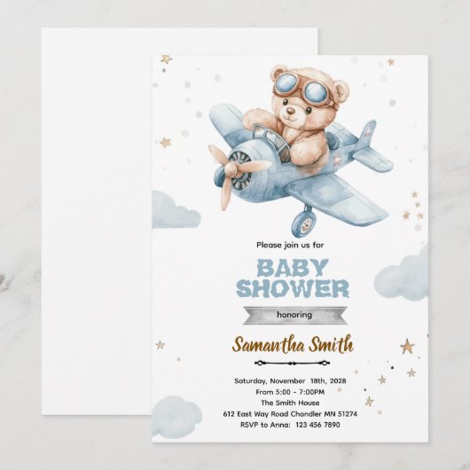 Airplane Bear Baby Shower Invitation Kaart (Voorkant / Achterkant)