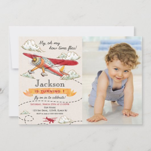 Airplane Birthday Photo Invitation Vintage Plane (Devant)