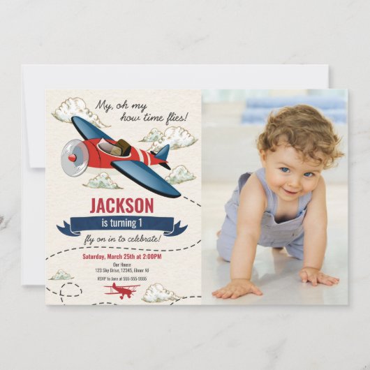 Airplane Birthday Photo Invitation Vintage Retro (Devant)