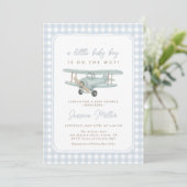 Airplane Blue Gingham Baby Shower Invitation (Debout devant)