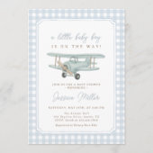 Airplane Blue Gingham Baby Shower Invitation (Devant)