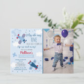 Airplane Clouds Boy First Birthday Kaart (Staand voorkant)