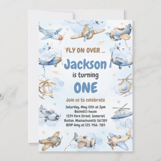 Airplane Fly On Over Boy Birthday Invitation (Devant)