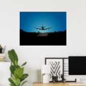 Airplane Landing Silhouette bij nacht Poster (Thuiskantoor)