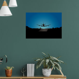 Airplane Landing Silhouette bij nacht Poster