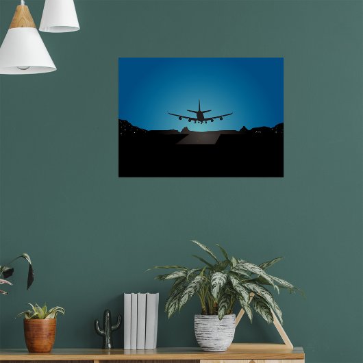 Airplane Landing Silhouette bij nacht Poster