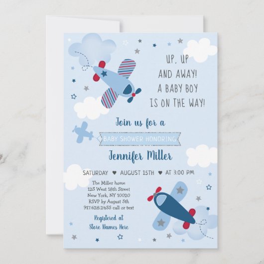 Airplane Stars Clouds Boy Baby shower Invitation Kaart (Voorkant)