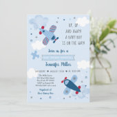 Airplane Stars Clouds Boy Baby shower Invitation Kaart (Staand voorkant)