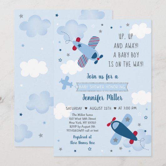 Airplane Stars Clouds Boy Baby shower Invitation Kaart (Voorkant / Achterkant)