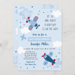 Airplane Stars Clouds Boy Baby shower Invitation Kaart