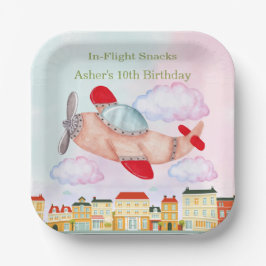 Airplane with Cityscape In-Flight Snacks Birthday Papieren Bordje