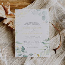Airy Greenery en Gold Foil Leaf Names Wedding