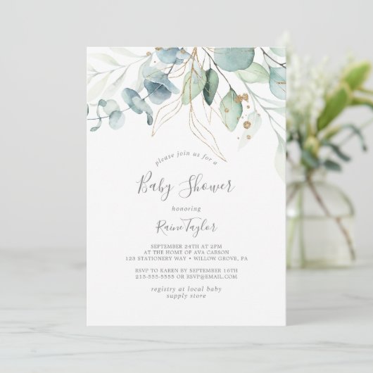 Airy Greenery en Gold Leaf Baby shower Kaart (Staand voorkant)