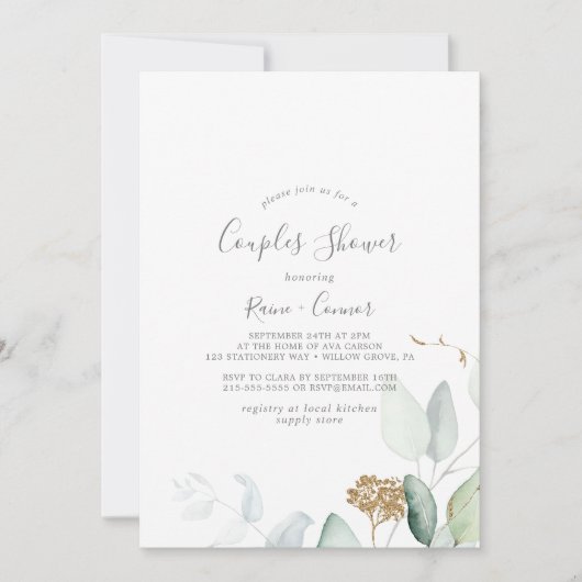 Airy Greenery en Gold Leaf Couples Shower Kaart (Voorkant)