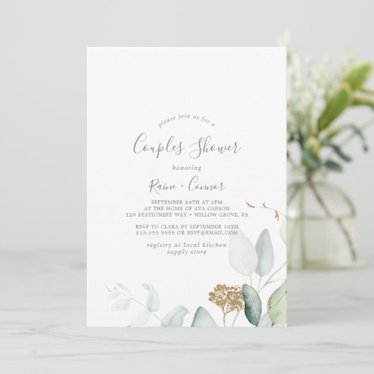 Airy Greenery en Gold Leaf Couples Shower Kaart (Staand voorkant)