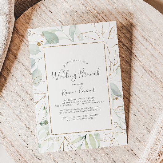 Airy Greenery en Gold Leaf Wedding Brunch Kaart