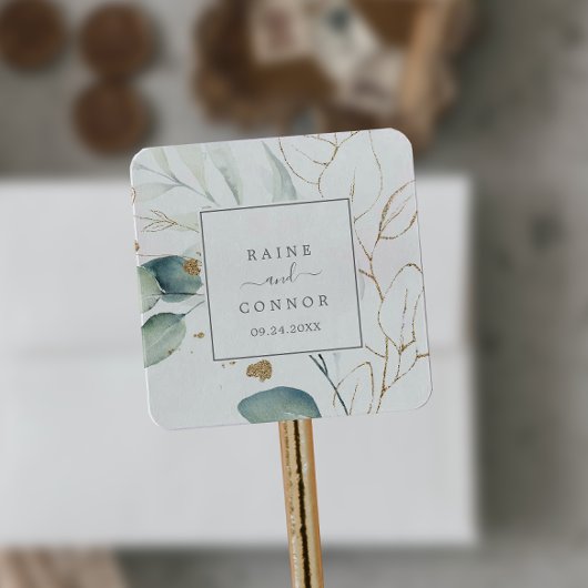 Airy Greenery en Gold Leaf Wedding Envelope Seals Vierkante Sticker