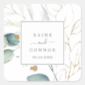 Airy Greenery en Gold Leaf Wedding Envelope Seals Vierkante Sticker (Voorkant)