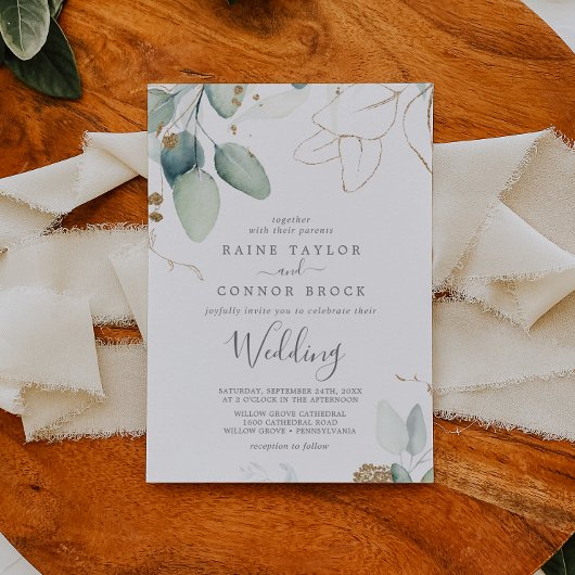 Airy Greenery en Gold Leaf Wedding Kaart