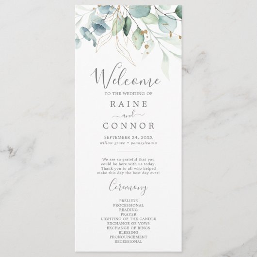 Airy Greenery en Gold Leaf Wedding Programme Programma (Voorkant)