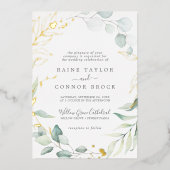 Airy Greenery en Ppress Gold Foil Leaf Wedding Folie Uitnodiging (Voorkant)