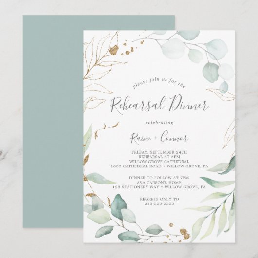 Airy Greenery & Gold Leaf Wreath Rehearsal Dinner Kaart (Voorkant / Achterkant)