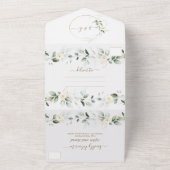 Airy Greenery Gold White Floral Wedding All In One Uitnodiging (Buitenkant)