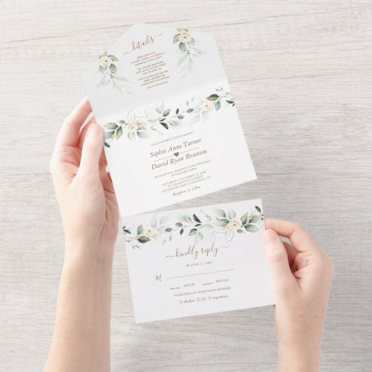 Airy Greenery Gold White Floral Wedding All In One Uitnodiging (Afscheurbaar)