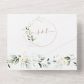 Airy Greenery Gold White Floral Wedding All In One Uitnodiging (Achterkant)