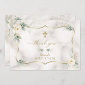 Airy Greenery White Floral Gold Marble Baptisme Bedankkaart (Voorkant / Achterkant)