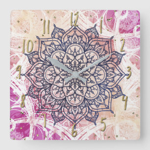 Airy Mandala Happy Pink Paars Yellow Blue & Gold Vierkante Klok