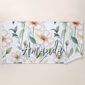 Airy White Flowers Greenery Pattern Blossom Floral Strandlaken