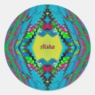 AISHA ~ Zwart Roze Blauw en Geel Fractal ~ Klas Ronde Sticker