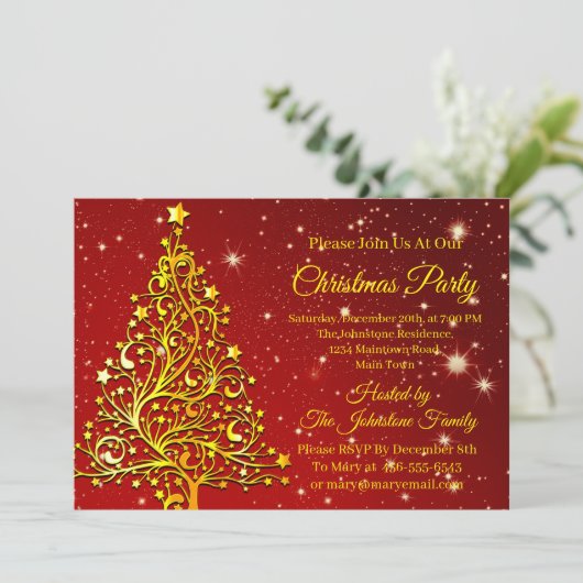 Ajouter le nom Noël Red Gold Tree Party Invitation (Debout devant)