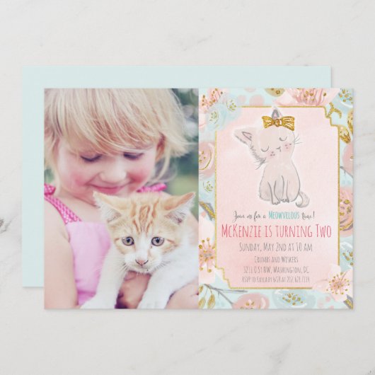 AJOUTER PHOTO - Cute Kitten Floral Invitation Anni (Devant / Derrière)