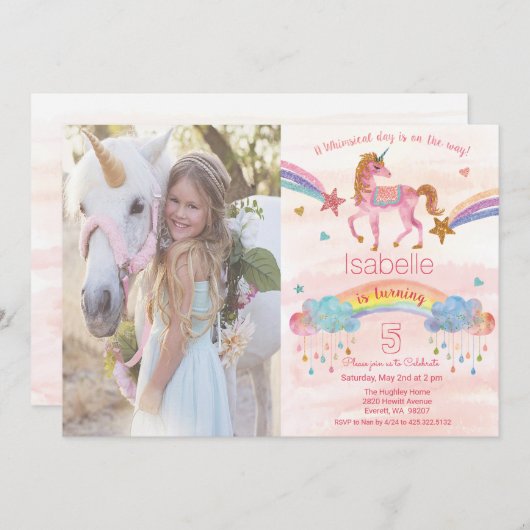 Ajouter Photo Rainbow Unicorn Invitation Anniversa (Devant / Derrière)