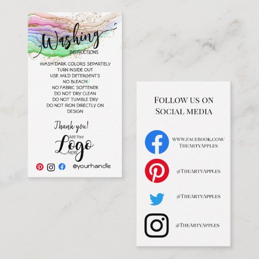 AJOUTER VOS instructions de lavage LOGO CARTES DE (Devant / Derrière)