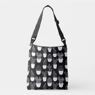Ajustable Cactus White Line Art Grand Motif Crossbody Sac