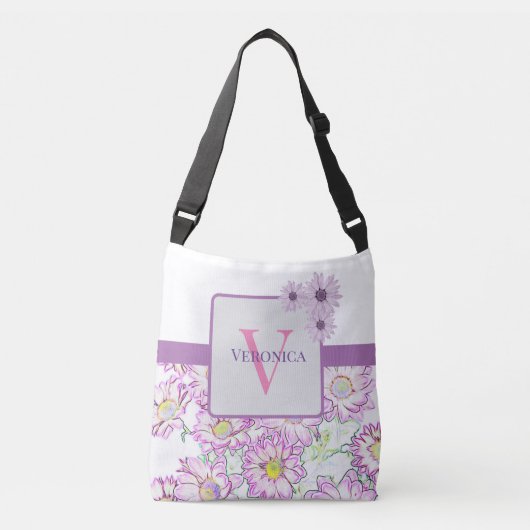 Ajustable Sac fourre-tout Floral Blanc Et Violet Monogramme (Devant)