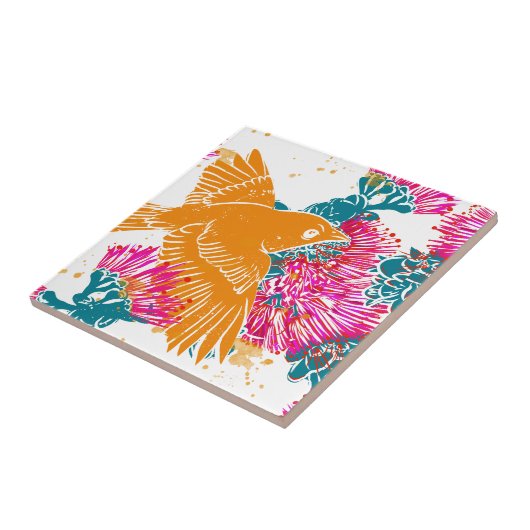 Akepa en Lehua Hawaiian patroondecor Pillow Tegeltje (Zijkant)